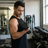 Mężczyzna wykonuje ćwiczenia na biceps z hantlem w siłowni. W tle stojaki z ciężarami.