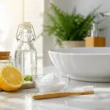 Limone, bicarbonato e aceto per capire come disinfettare lo spazzolino da denti. Un lavandino bianco e una pianta sullo sfondo.