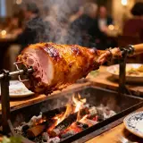 Un jambon à la broche, doré et fumant, cuit au feu de bois. Parfait pour un festin de 50 personnes.