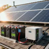 Panele słoneczne, akumulatory i falownik na dachu tworzą niezależną instalację off grid, zapewniając energię.