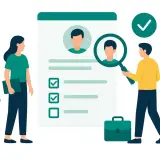 Rekruterzy analizują CV. Kobieta z teczką i mężczyzna z lupą badają dane kandydata na dużym ekranie.