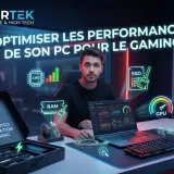 Un homme optimise son PC gaming pour de meilleures performances. L'image montre des icônes de CPU, RAM, SSD, GPU et FPS.
