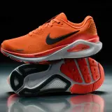 Pomarańczowe obuwie sportowe męskie Nike z czarnym logo. Idealne do biegania, zapewniające komfort i dynamikę.