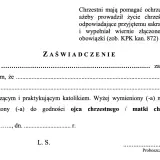 Zaświadczenie o byciu wierzącym katolikiem, potrzebne do godności ojca chrzestnego. Czy za zaświadczenie do chrztu się płaci? Dokument nie zawiera informacji o opłatach.