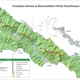 Mapa turystyczna Bieszczadzkiego Parku Narodowego, pokazująca szlaki zimowe, schroniska i inne obiekty. Bieszczady gdzie leżą, widać na mapie, granicząc ze Słowacją i Ukrainą.