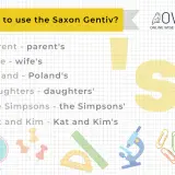 Przykłady użycia dopełniacza saksońskiego: parent's, Poland's, The Simpsons'. Grafika pokazuje przybory szkolne.