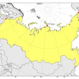 Mapa przedstawiająca rozległy krajobraz Rosji z zaznaczonymi punktami na północy i zachodzie.