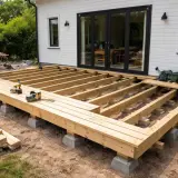 Bygga altan på mark. Träkonstruktion med bjälkar och brädor, redo för trädäck. Verktyg och material ligger redo.