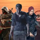 Trzech bohaterów gier: Bayek z Assassin's Creed Origins, Nathan Drake z Uncharted i Delsin Rowe z Infamous Second Son, na tle pustyni. Idealne dla fanów gier podobnych do Uncharted.