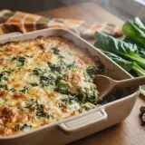 Un gratin de blettes fumant, doré et crémeux, servi à la cuillère en bois. Des blettes fraîches et des noix de muscade complètent ce plat réconfortant.