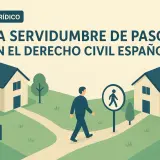 Ilustración que explica qué es una servidumbre de paso: un camino entre dos casas, con un peatón y un cartel.