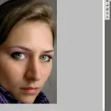 Portret kobiety z makijażem oczu, obok panel warstw w programie Photoshop. To może być część photoshop samouczek po polsku.