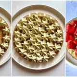 Étapes de décoration d'une tarte fraise : une base sablée, une crème pistache en étoiles, puis des fraises fraîches et éclats de pistaches.