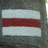 Niebieski szlak turystyczny namalowany na korze drzewa: biały, czerwony, biały pas.
