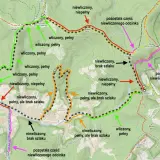 Planowanie trasy w górach: zielone linie oznaczają wliczone, pełne szlaki, pomarańczowe i czerwone – niewliczone, z brakami lub niepełne.