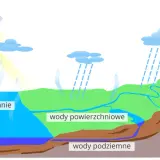 Ilustracja cyklu wodnego: słońce, parowanie, chmury, deszcz, wody powierzchniowe i podziemne.