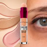 Correttore Maybelline per un trucco sotto gli occhi impeccabile. Diverse tonalità di fondotinta e un occhio che mostra la sua efficacia.