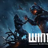 Zimowy niedźwiedź i wojownik walczą w śnieżycy. Grafika promuje grę "Winter Survival" od Drago Entertainment.
