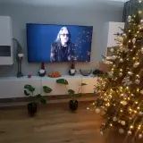Świąteczny nastrój w domu: choinka, ozdoby, krasnale i telewizor z koncertem.