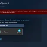 Strona Steam Support, gdzie można odzyskać konto. Wpisz email, zaznacz "Jestem człowiekiem", by dowiedzieć się, jak skontaktować się z steam support.