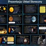 Ilustracja przedstawia układ planet, od Merkurego po Neptuna, z opisami każdej planety i Słońca.