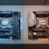 Zwei Mainboards, eines mit AM5-CPU (blau beleuchtet) und eines mit AM4-CPU (orange beleuchtet), zeigen den Übergang zur neuen Plattform.