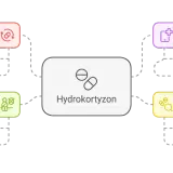Schemat przedstawia hydrokortyzon: działanie (przeciwzapalne, przeciwalergiczne), zastosowania (reakcje alergiczne, stany zapalne), produkty (kremy, maści) i przeciwwskazania (wiek, nadwrażliwość).