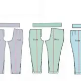 Four figures wear different colored trouser legs. Next to them are sewing patterns for front and back trouser legs in grey, green, blue, and purple.