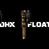 Two Fox bike suspension shocks, a coil DHX and an air FLOAT X, are displayed against a black background.