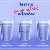 Test na porowatość włosów: włosy nisko-, średnio- i wysokoporowate w szklankach z wodą pokazują, jak szybko nasiąkają.