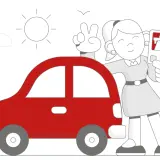 Dziewczyna z v-sign obok czerwonego samochodu trzyma kartę z autostradą. Gotowa na podróż samochodem do Czech!