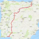 Ruta EuroVelo 1 en rojo, recorriendo Portugal y España, desde el sur de Portugal hasta el norte de España, pasando por Lisboa, Salamanca y Pamplona.