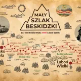 Mapa turystyczna Mały Szlak Beskidzki, pokazująca trasę 137 km z Bielska-Białej na Luboń Wielki, z zaznaczonymi miejscowościami i atrakcjami.