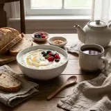 Colazione con yogurt fatto in casa, pane fresco, frutti di bosco e tè. Ecco come si fa lo yogurt: semplice e delizioso.