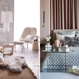 Två sovrum i ljusa toner. Till vänster ett minimalistiskt rum med träfärgad säng och konst. Till höger ett mysigt rosa sovrum med sammetsgardiner och en elegant säng.