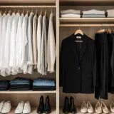 Une garde robe idéale : chemises blanches, pulls neutres, jeans, blazer noir et pantalons assortis. Des chaussures minimalistes complètent l'ensemble.