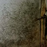 Strukturierte Wand mit dunklen Flecken, die darauf hindeuten, dass man eine feuchte Wand erkennen kann. Beschädigte Tapete an der rechten Seite.