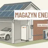 Dom z panelami słonecznymi, magazynem energii, samochodem elektrycznym i jednostką zewnętrzną klimatyzatora. Tekst: "Magazyn Energii 10 KW. Cena, rodzaje, możliwości.