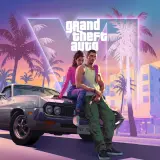 Para GTA 6 wymagania, para siedzi na samochodzie na tle palem i neonów.