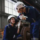 Kierownik logistyki w białym kasku i niebieskim kombinezonie rozmawia przez krótkofalówkę z koleżanką, omawiając szczegóły dostawy.