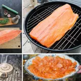 Collage de saumon cru, fumoir, fumée et saumon fumé tranché.