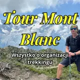 Mężczyzna z plecakiem na tle górskich szczytów, przygotowuje się do trekkingu wokół Mont Blanc.