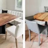Two breakfast table settings. Left: live-edge wood table with striped banquette. Right: round wood table with gray chairs.