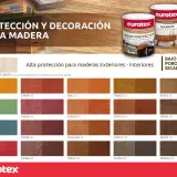 Muestras de colores de barniz para madera, con latas de producto Eurotex. Protección y decoración para exteriores e interiores.