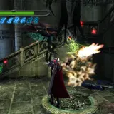 Dante z Devil May Cry 1 walczy z potworem w mrocznym zamku, używając magicznych mocy.