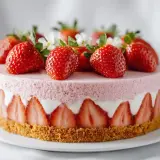 Gâteau fraisier mascarpone, une merveille rose et blanche, garni de fraises fraîches et de petites fleurs.