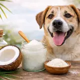 Perro feliz junto a cocos y aceite de coco, un ingrediente natural para su bienestar.