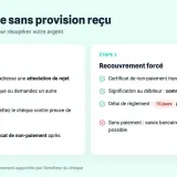 Les étapes pour récupérer votre argent suite à un chèque sans provision, incluant la phase amiable et le recouvrement forcé, conformément à la nouvelle loi sur les chèques impayés.