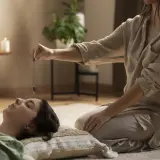 Kobieta z wahadełkiem nad głową leżącej osoby. Czy reiki jest niebezpieczne? Sesja relaksacyjna w przytulnym wnętrzu.