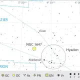 Mapa nieba z konstelacją Byka, ukazująca gwiazdy, gromady (Plejady, Hiady) i mgławice.